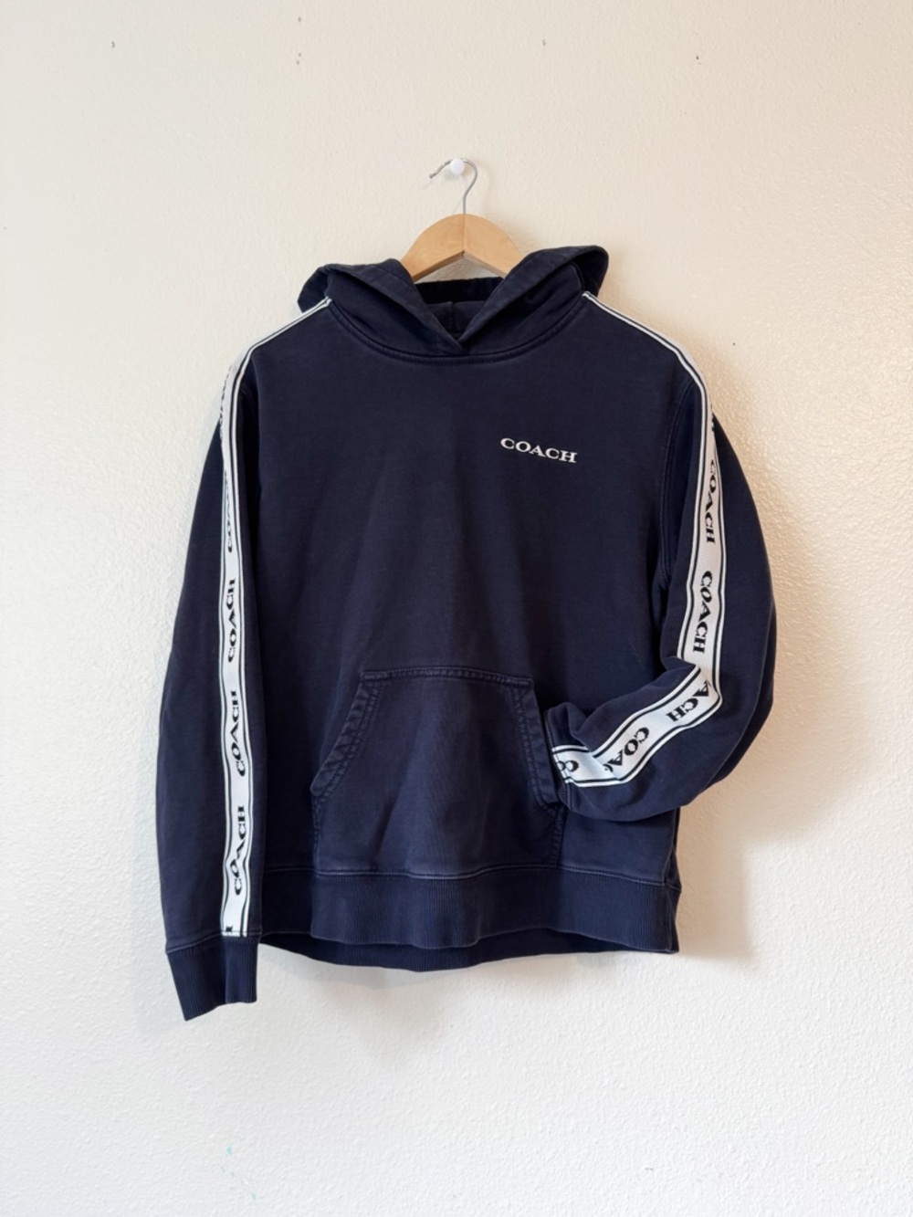 Coach Navy Logo Tape Hoodie Sweatshirt Size Small